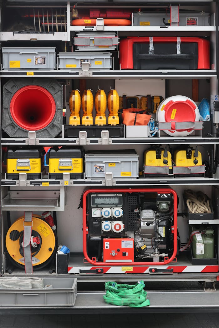 Detailed view of organized emergency equipment in a storage unit, showcasing various safety tools.